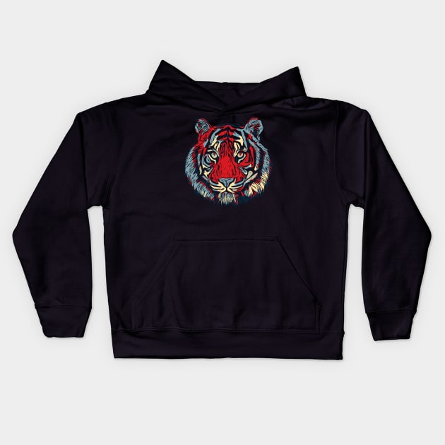 Tiger Head In Red And Blue Kids Hoodie by brodyquixote